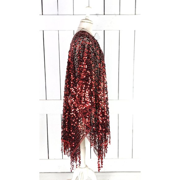Red black sequin fringe tassel kimono cardigan cover up jacket - Picture 4 of 5